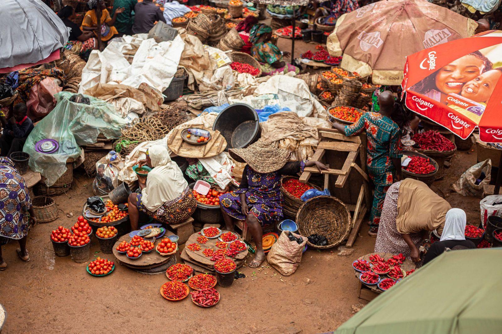 Colorful market depicting daily life in Ibadan, Nigeria with fresh produce and bustling activity.
