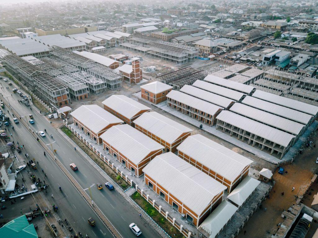 Aerial photo of new market construction in Kaduna, Nigeria, showcasing modern architecture.