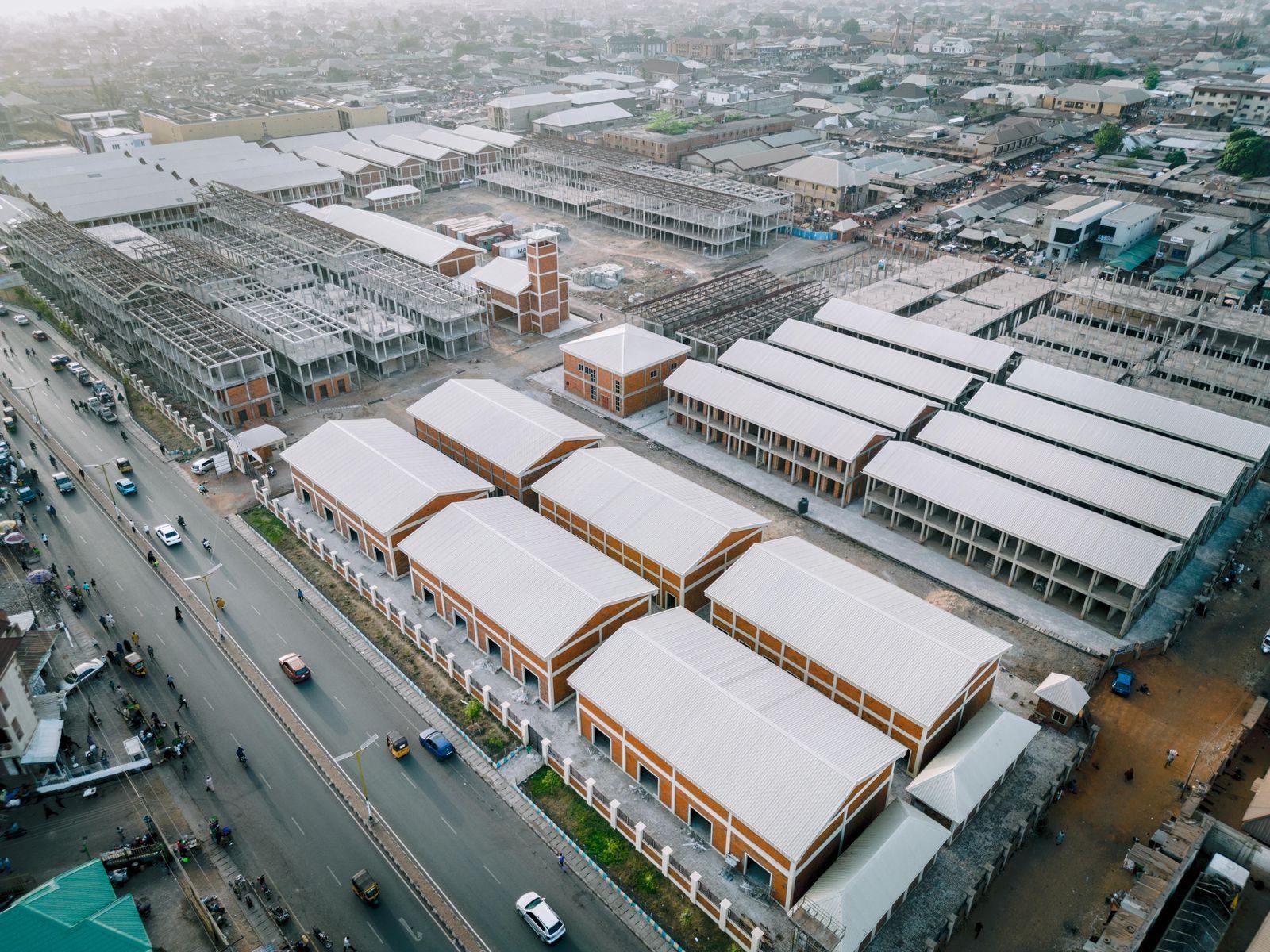 Aerial photo of new market construction in Kaduna, Nigeria, showcasing modern architecture.