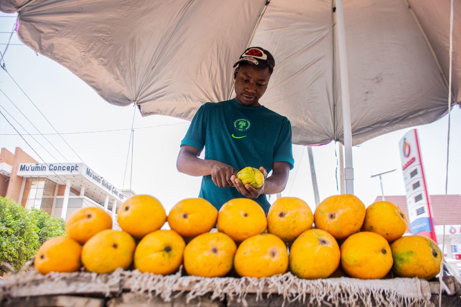 Street vendor preparing fresh papayas in outdoor market under large umbrella.