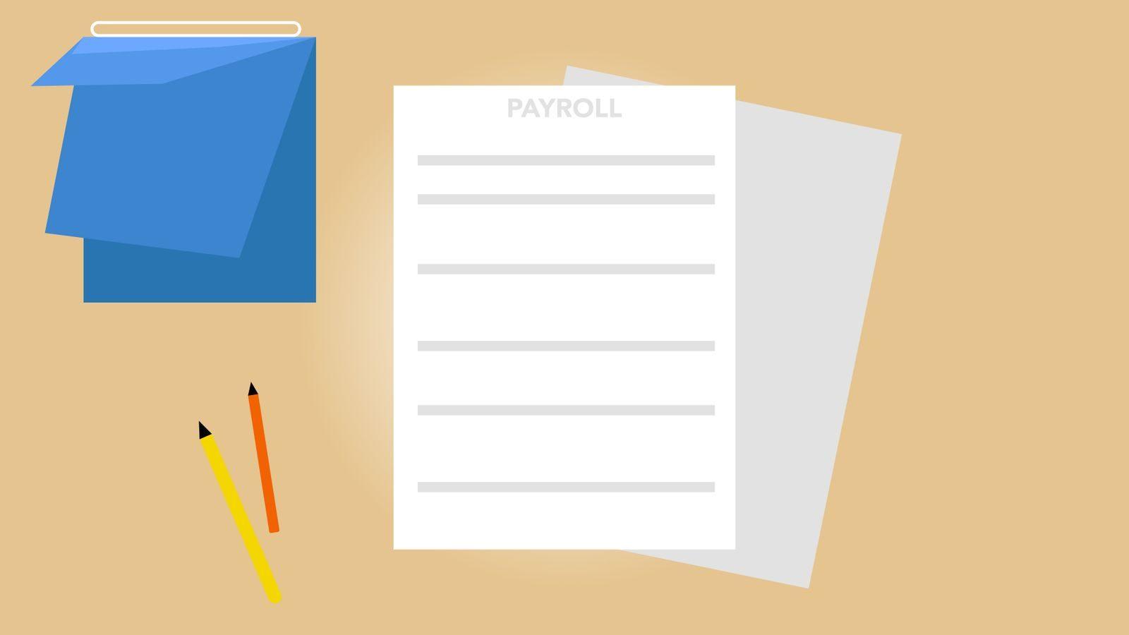 Vector illustration of payroll documents placed on beige desk near pencils and blue black calendar